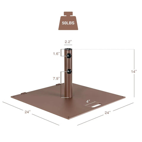 Heavy Duty 50 Lb Patio Umbrella Base Portable Outdoor Stand With 24 Inch Square Holder Two Tightening Knobs And Two Wheels Weatherproof Rustproof Steel Brown shown with dimensions and weight highlighted.