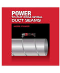 M12 Fuel 16 Gauge Variable Speed Nibbler cutting 22GA spiral duct seams, cordless ergonomic tool for metal cutting on red background