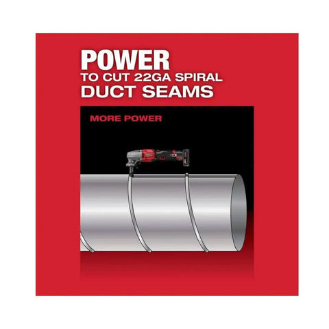 M12 Fuel 16 Gauge Variable Speed Nibbler cutting 22GA spiral duct seams, cordless ergonomic tool for metal cutting on red background