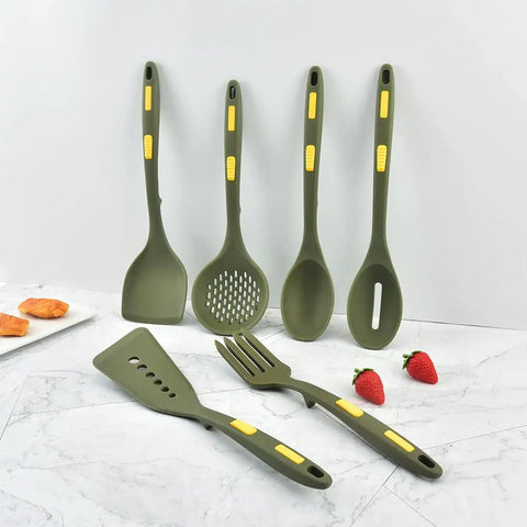 Heavy Duty Silicone Kitchen Utensil Set With Hooks 7 Piece Nonstick Heat Resistant Slotted Spoon Spatula Stirring Fork Spoon