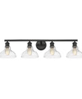 Four Light Bath Vanity Fixture With Industrial Black Finish, four clear glass shades, wall-mounted for bathrooms and powder rooms