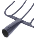 Close-up of Pitch Fork Compost Fork for Turning and Aeration, durable iron tines and handle socket for farm or home use.