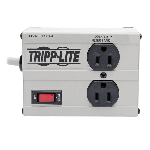 Front view of Isobar 2 Outlet Heavy Duty Power Strip Surge Protector With 1410 Joules 6ft Cord Flat Plug All Metal Housing