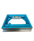 Heavy Duty Cast Iron Square Frame Bubble Level Featuring A Straight Shooting Vial With Cut Above Precision Machinist Tool For Workhorse Grade Shop Projects, blue frame viewed from top angle.