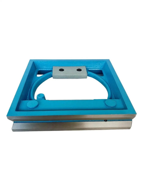 Heavy Duty Cast Iron Square Frame Bubble Level Featuring A Straight Shooting Vial With Cut Above Precision Machinist Tool For Workhorse Grade Shop Projects, blue frame viewed from top angle.