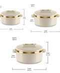 Stainless Steel Casserole Set Featuring Zero Sweat Double Wall Heat Lock To Keep Your Roti Gravy And Batch Cooked Meals Fresh Hot All Day Long Pro Grade Kitchen Storage Containers Set Of Three Ivory, with measurements shown.