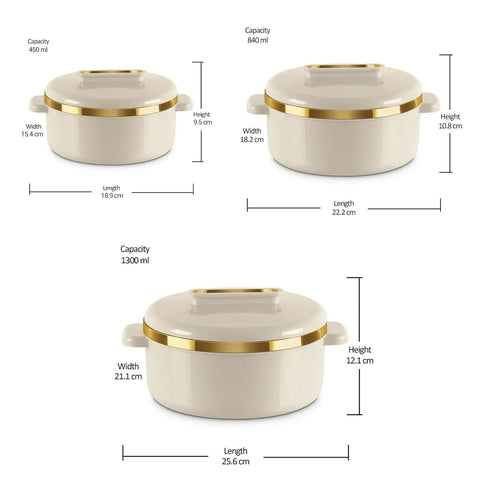 Stainless Steel Casserole Set Featuring Zero Sweat Double Wall Heat Lock To Keep Your Roti Gravy And Batch Cooked Meals Fresh Hot All Day Long Pro Grade Kitchen Storage Containers Set Of Three Ivory, with measurements shown.