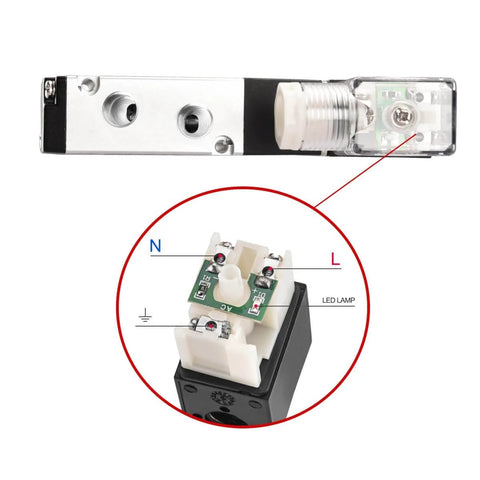 Electric Pneumatic Solenoid Valve 5 Way 2 Position, 220 VAC, 4V210-06 compatible, side view with connection details