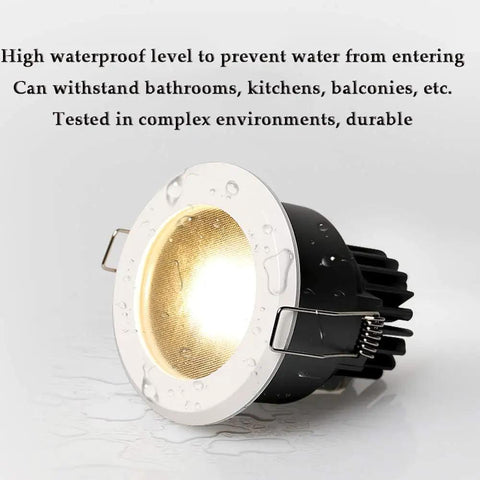 MXJCKSOQ 3CCT 3.5 Inch LED Recessed Lighting Anti-Glare Downlight with water droplets, showcasing IP65 waterproof design.