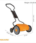 Manual 17 Inch Cut Width Reel Mower For Easy Lawn Care No Motor Grass Cutter With Stay Sharp System And Steel Blades That Stay Sharp Inertia Drive Push Design Eco Friendly Yard Tool, orange reel mower with dimensions