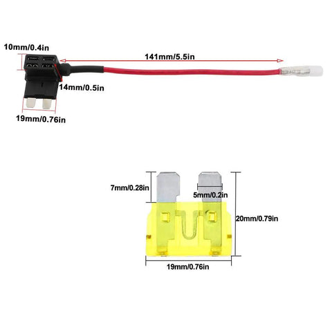 3 Pack Premium Acu Add-A-Circuit Fuse Tap Piggyback Blade Fuse Holder Kit with 16 AWG wire harness, showing dimensions and details.