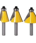 Three Piece Chamfer Router Bit Set With 1/4 Inch Shank Bevel Bits In 15 22.5 And 30 Degree Angles For Edge Bevels And Precise Miter Joints