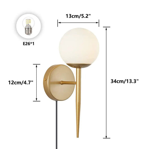 Mid Century Modern Globe Wall Sconce Set Of Two, Brushed Brass Finish With Frosted White Glass Globes, Plug In Wall Lamps For Bedroom Or Bath, Two Pack Easy Corded Lighting, Retro Chic Vibe For Living Spaces