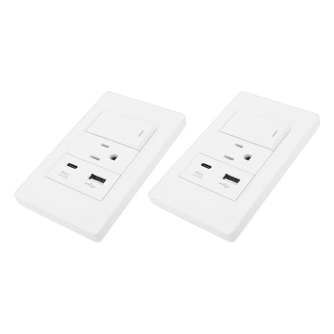 2 Pack Wall Outlet With Usb And Type C Ports, 15 Amp Duplex Receptacle Featuring Single Control Switch For Lightning Fast Charging and No Sweat Installation, white outlet design.