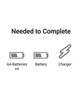 Image showing icons with AA batteries, battery, and charger needed for RBX10 Ryft 4WD Brushless RC Rock Bouncer Ready To Run Beast On The Trail With Solid Front And Rear Axles Rugged Tube Chassis 4S Capable Powertrain Licensed Raceline Wheels Battery And Charger Not Included.