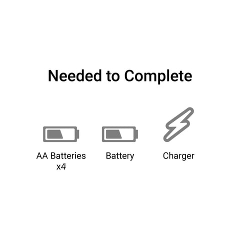 Image showing icons with AA batteries, battery, and charger needed for RBX10 Ryft 4WD Brushless RC Rock Bouncer Ready To Run Beast On The Trail With Solid Front And Rear Axles Rugged Tube Chassis 4S Capable Powertrain Licensed Raceline Wheels Battery And Charger Not Included.