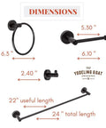 Matte Black Farmhouse Vanity Light And 4 Piece Bathroom Hardware Set With dimensions of towel bar, towel ring, and holder.