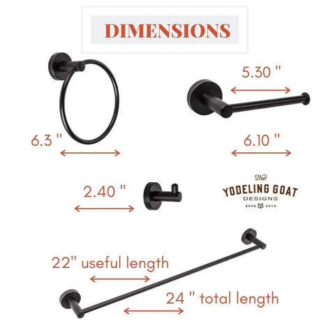 Matte Black Farmhouse Vanity Light And 4 Piece Bathroom Hardware Set With dimensions of towel bar, towel ring, and holder.