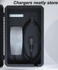 Badass EV Charger Pedestal With Heavy Duty Freestanding Station Enclosure And Cable Organizer Slick Weatherproof Galvanized Steel Housing With Combo Lock For Outdoor Charging, chargers neatly stored inside.
