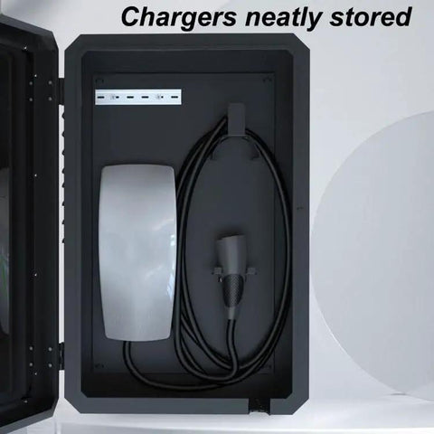 Built Like A Tank EV Charger Pedestal Featuring Drip Proof Galvanized Steel Housing Secure Combo Lock For Freestanding Outdoor Charging Station Stand With No Fuss Cable Setup showing chargers neatly stored in a cabinet.