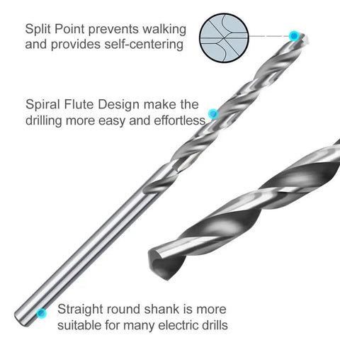 Close-up of Top Notch High Speed Steel Drill Bits Set showing split point and spiral flute design for precision work.