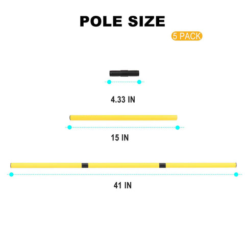 Diagram showing sizes of Five Pack Replacement Poles For Dog Agility Jump Sets, featuring 41 inch, 15 inch, and 4.33 inch pieces.