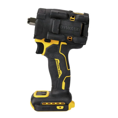 Side view of Atomic 20V Max 1/2 Inch Cordless Impact Wrench With Hog Ring Anvil Tool Only, black and yellow design.