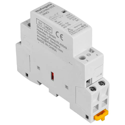 12V DC Contactor 25A 2 Pole With 2 NO Contacts DIN Rail Mount 35mm DIY Ready For Home Power Control, side view of the device.