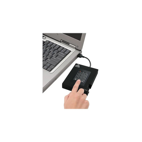 Heavy Duty 2TB USB 3.0 External Hard Drive Featuring 256 Bit FIPS Hardware Encryption And Integrated Keypad Pin Lock in use with laptop.