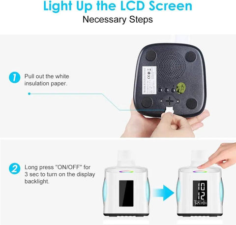 Instructions for activating LCD screen on 7 In 1 Study Desk Lamp With USB Charging, color base, and LCD display visible.