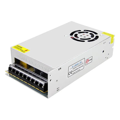 Beefy 12V Power Supply 25A 300W Universal Switching Adapter with 3 output channels for LED strips and CCTV cameras.