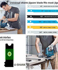 20-piece universal jigsaw blade set for wood, plastic and metal; man using a jigsaw beside a blade chart