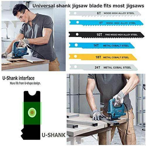 20-piece universal jigsaw blade set for wood, plastic and metal; man using a jigsaw beside a blade chart