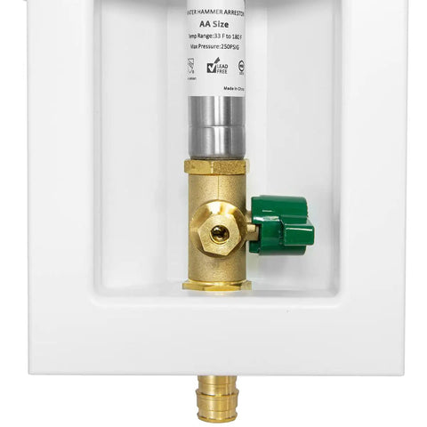 Ice Maker Outlet Box With One Half Inch Pex Expansion Inlet And One Quarter Inch OD Compression Outlet Preinstalled One Quarter Turn Lead Free Brass Ball Valve And Copper Hammer Arrestor White NSF 61G Compliant Expansion Tool Required