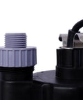 Close-up of Workhorse Submersible Water Pump One Third HP 2500GPH thermoplastic body with hose connector and power cord.