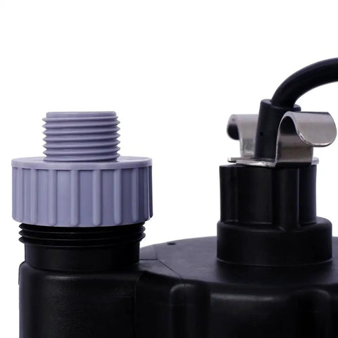 Close-up of Workhorse Submersible Water Pump One Third HP 2500GPH thermoplastic body with hose connector and power cord.