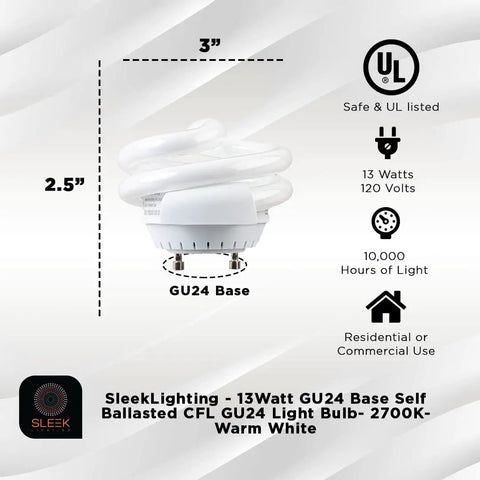 13W T2 Spiral CFL GU24 Base Light Bulb 2700K Warm White 800 Lumens design and dimensions