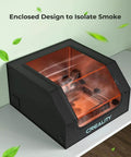 Front view of Creality laser engraver enclosure in black with orange-tinted front panel and logo