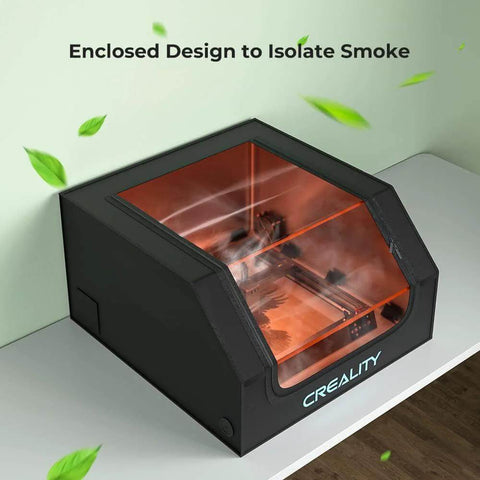 Front view of Creality laser engraver enclosure in black with orange-tinted front panel and logo