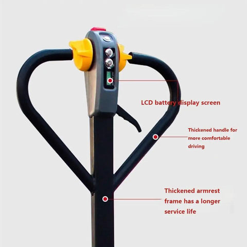 Powerful Electric Pallet Jack With 4400 Lb Capacity And Lithium Battery control handle features LCD display and thickened design for comfort.