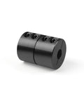 Beefy Rigid Shaft Coupling From One Half To Three Eighths Bore With One And One Eighth Inch OD And One And Three Quarters Inch Length, Single Split Clamp, Black Oxide Finish, 45 Steel, ASTM 1045, Includes Set Screws
