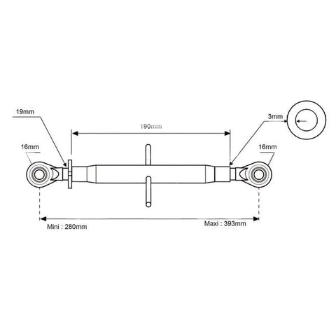 Top Link Standard Duty Replacement for Heavy Equipment Fits CAT 0 Ball and Ball Joint 280mm Minimum Length Beefy Steel Built Tough for Tractors and Skid Steers Easy Install Reliable Performance for Real World Work, diagram with 280mm min