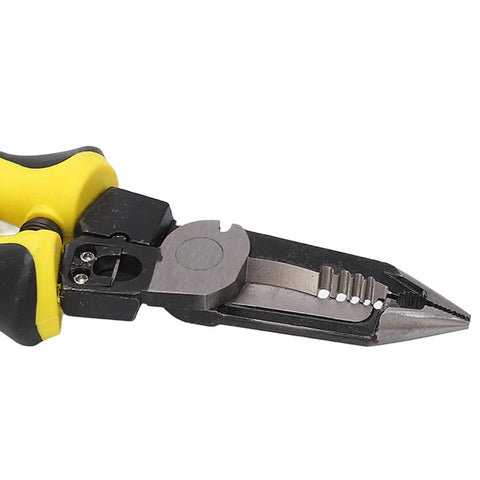 Heavy-Duty Carbon Steel Wire Stripper With Secure Non Slip Grip Electrician Crimping Pliers, close-up view showing precision cutting edges.