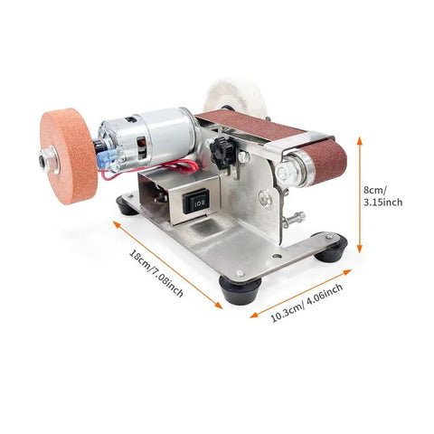 Slick Little Beast Seven Speed Mini Belt Sander With Twenty Polishing Discs And Variable Knife Sharpener For Razor Edges, compact design with motor.