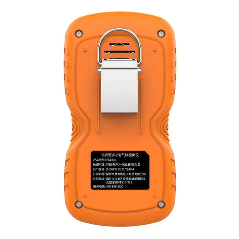 Back view of Ready To Use 4 Gas Detector With Electrochemical Sensors For LEL O2 CO H2S, showing clip and label details.
