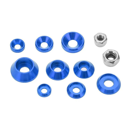 RC Car Hardware Fastener Kit With M2.5 M3 M4 Flat And Round Head Washers And Nuts, Assorted Screws And Washers In A Clear Storage Box, Great For 1/8 And 1/10 Scale RC Cars, Blue, blue anodized washers and nuts