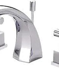 Claremont 8 Inch Widespread Lavatory Faucet With Brass Pop Up Drain In Polished Chrome, deck mount, dual lever handles visible