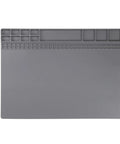 Anti Static Foldable Non Slip Premium Flexible Silicone Soldering Mat 15 Point 8 By 11 Point 8 Inches gray mat with compartments for PCB repair.