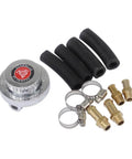 Manual Adjustable Fuel Pressure Regulator Kit With Chrome Silver Body And Gold Plated Fittings For Carburetor Systems, includes small parts.