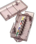 Clear Junction Box Electrical Housing 15-961 for industrial wiring, open with internal components visible, clear plastic 8.66L x 5.35W x 2.79H, 0.6 lbs